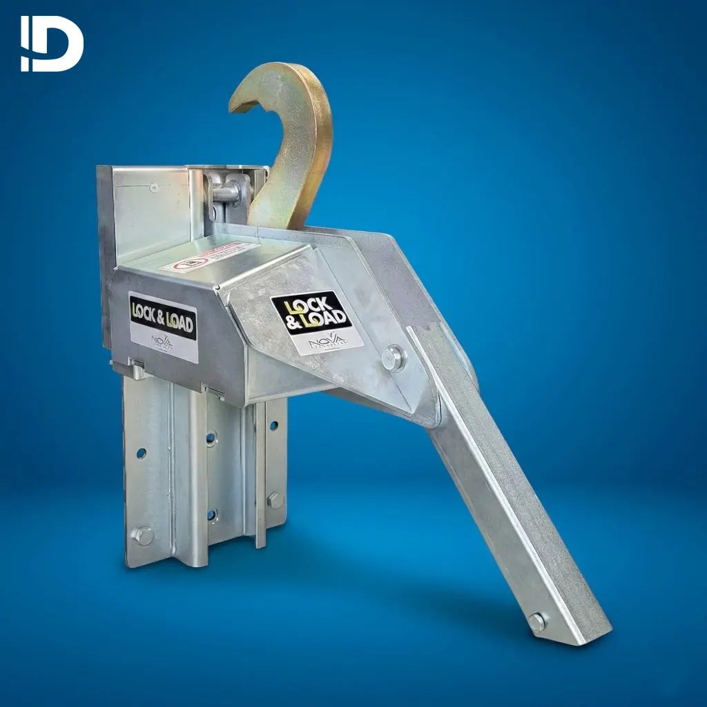 Gancho retenedor automático para seguridad en andenes industriales